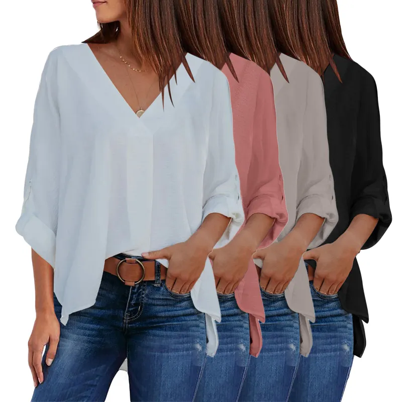Tops de moda para mujer, ropa de Color sólido con cuello de pico, camisa de manga 3/4 con dobladillo Alto y Bajo