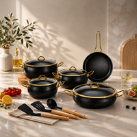 Ensemble de 12 ustensiles de cuisine de style turc classique en granit avec doubles poignées, spatules en silicone, acier inoxydable et bambou pour la cuisine à domicile
