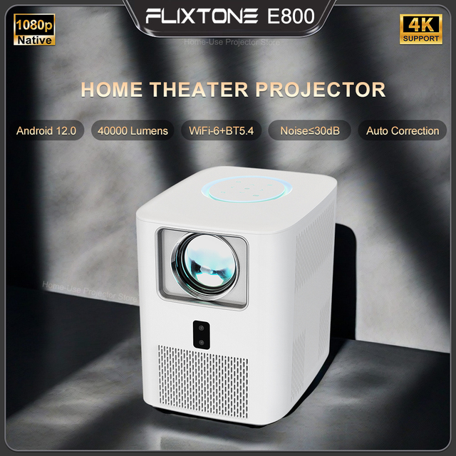 Flixtone E800 2K 4K Full HD 3000 ANSI Projector Native 1080P Android 12.0 Projector DLP Beamer Mini Built-In Speaker 5G WiFi