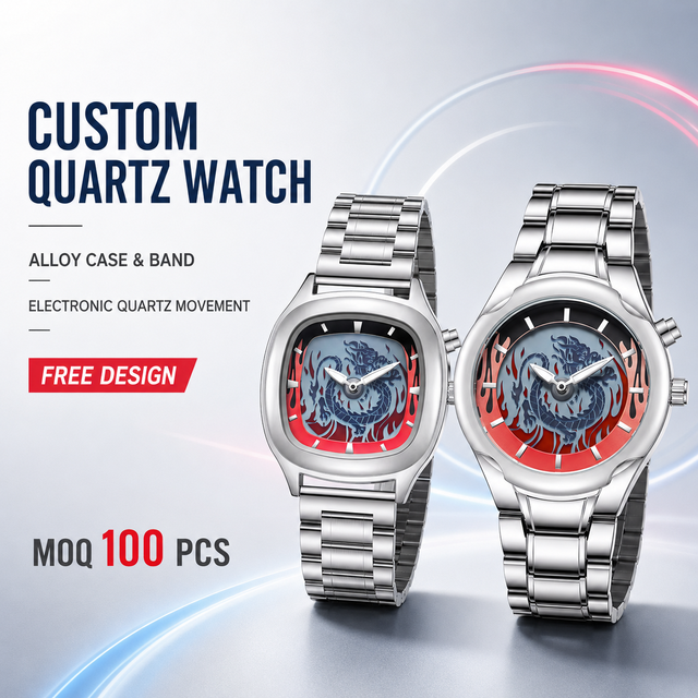 OEM Dragon Graphic Dial Quartz Watch Alloy Cushion Case Integrated Bracelet Flame Bezel Ring 3BAR Wristwatch Custom Logo MOQ 50