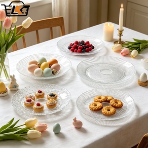 Assiette en verre transparent gaufré à motif quadrillé, assiette de présentation ronde décorative, assiette de décoration de table pour mariage et usage domestique - Product Image 1