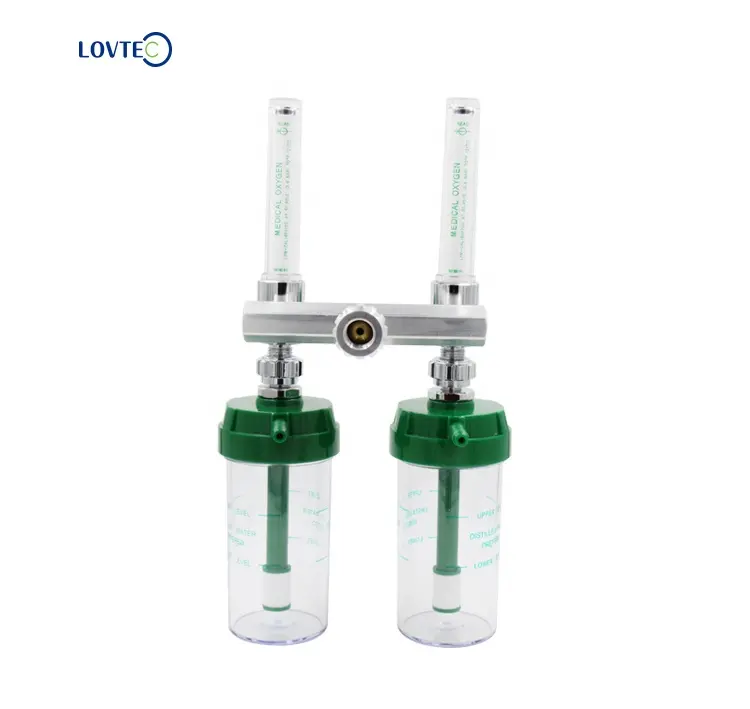 Lovtec yüksek kaliteli alaşımlı pirinç tıbbi çift tüp ile oksijen debimetre adaptörü