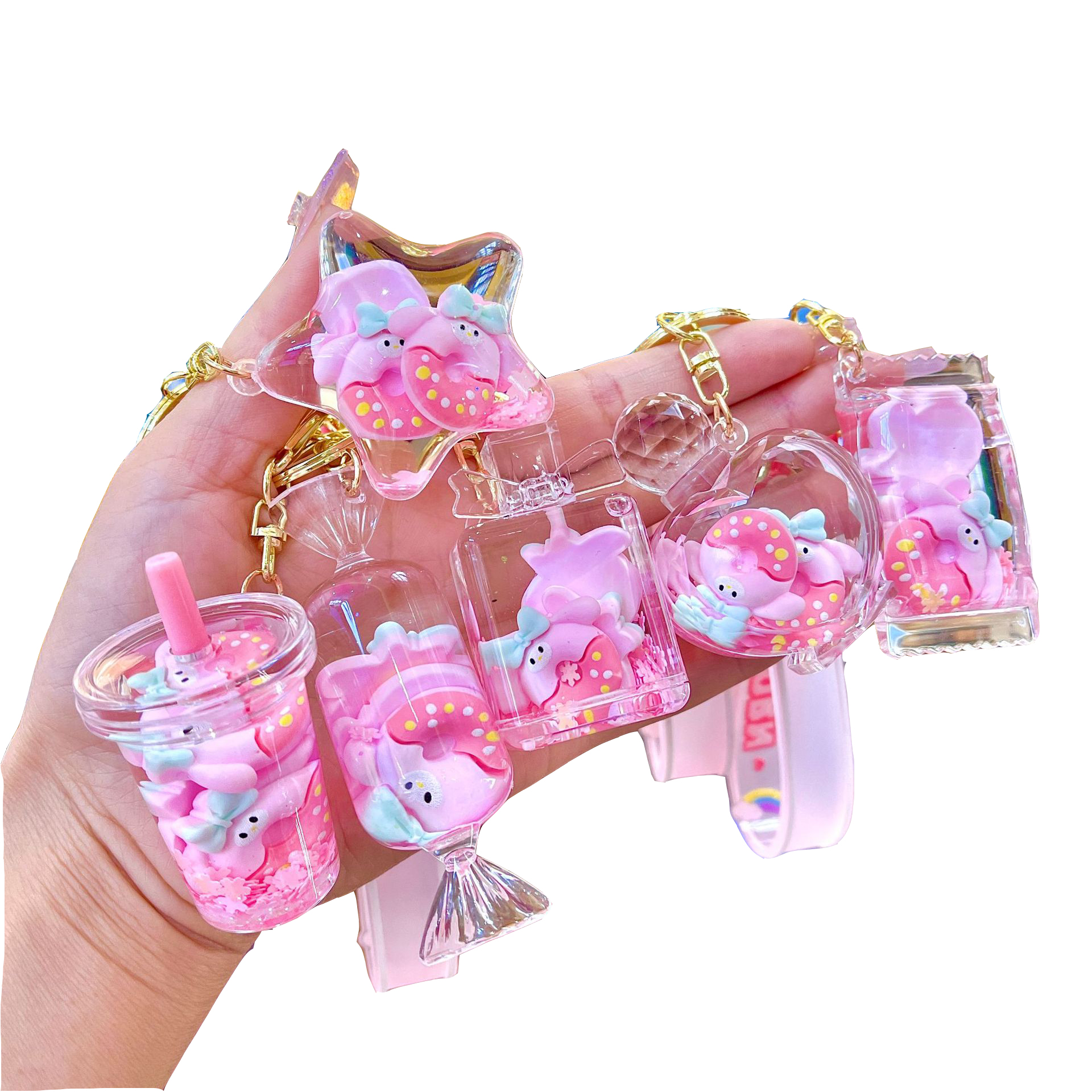 Cute Key Chain Ring - Filled Liquid Oil Quicksand Pendant