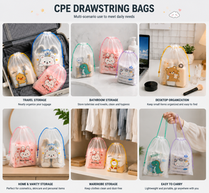 Clear Matte CPE Drawstring Bags, Water Resistant Reusable Plastic Drawstring Packaging Pouches Custom Logo Printed - Product Image 3