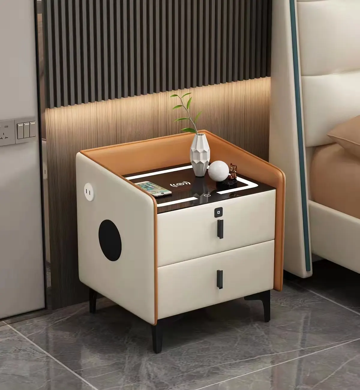 HANYEE Home Furniture Bedroom Bed Smart Side Table Bedside Table Minimalist Wireless Charging Nightstands