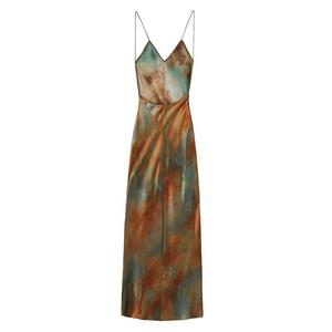 Vestido de satén de seda estampado con cuello en V y espalda descubierta de cintura alta, estilo socialité, novedad de verano - Product Image 2