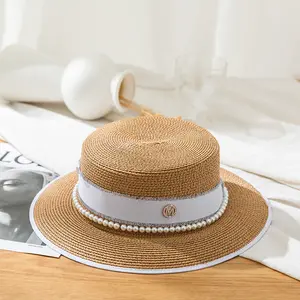 Chic Ladies Wide Brim Straw Hat Flat Simple Western European Style Summer Hat Sombreros Sun Pearl Top Straw Hats