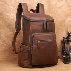 Crazy Horse Leather <b>Backpack</b> 20L Light <b>Brown</b> Unisex Travel Bag Fashionable Solid Color Outdoor Leisure - Product Image 3