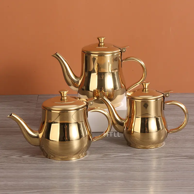 Grossistas bule portátil de aço inoxidável cafeteira dourada Bule árabe Metal Boa qualidade Flower Tea kettle oil kettle