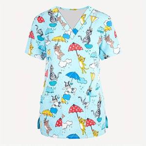 เสื้อสครับพยาบาลผู้หญิง ลายแมวและร่ม สีฟ้า คอวี แขนสั้น ชุดยูนิฟอร์มทางการแพทย์สำหรับพยาบาลโรงพยาบาล - Product Image 1