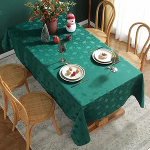 绿色长方形无皱纹定制提花涤纶桌布派对防水圣诞桌布