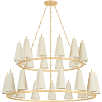 Lustre suspendu moderne à 2 niveaux en laiton pour hôtel, restaurant, maison, avec abat-jour en tissu rond doré