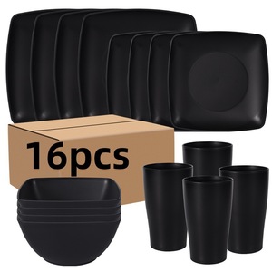 Square Bowl And Plate <b>Set</b> 16Pcs Black Plastic <b>Dinnerware</b> For Picnic Outdoor Use - Product Image 1