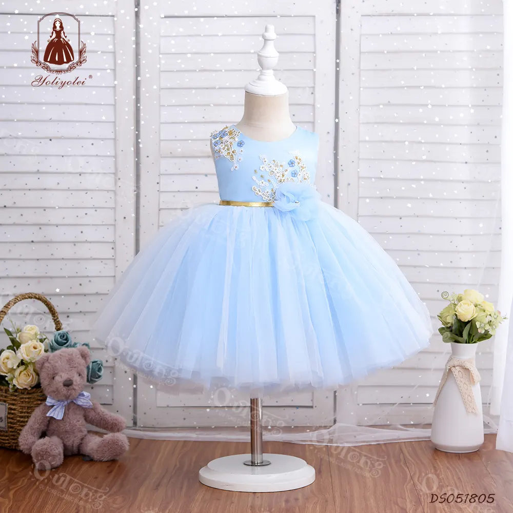 2020 Wholesale Sleeveless Party Wear Blue Formal Embroidered Sequin Fluffy Prom Wedding Flower Girls' Dresses With Clasp