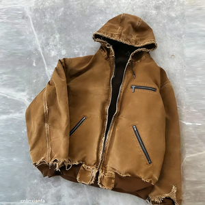 Sudadera con capucha y cremallera de mezclilla de 500 g/m² con efecto desgastado vintage, lavado ácido y mangas abullonadas, de alta calidad y personalizada - Product Image 1