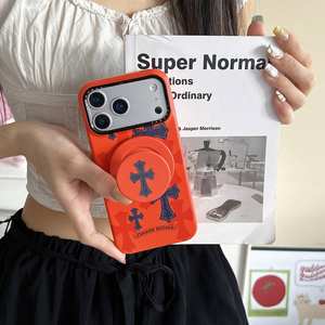 כיסוי טלפון מעור עם צלב של Chrome Hearts לאייפון 17 14 13 12 11 פרו מקס 16 15 פלוס של אפל, מגנטי, כתום - Product Image 3