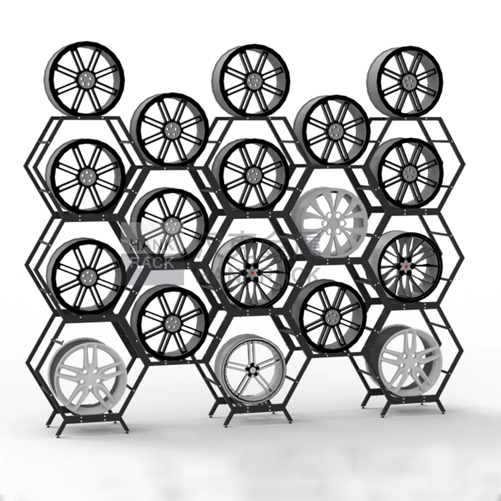 Présentoir de roues de voiture Prêt à expédier Présentoir en forme de nid d'abeille pour jantes de voiture Porte-roue hexagonal