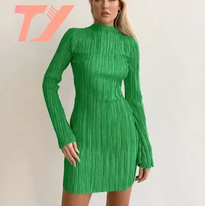 TUOYI Women Spring Short Pencil Dress Vintage High Waist Long Sleeve Sexy Bodycon Dresses Green Turtleneck Pleated Party Dress
