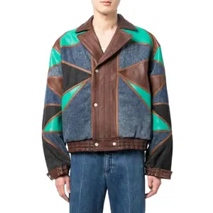 Эксклюзивная куртка-бомбер из контрастной кожи и джинсовой ткани