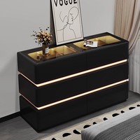 Commode Simple en Bois Massif à 6 Tiroirs avec Revêtement en Cuir, Éclairage LED, Certification CE UE, Idéale pour Chambre à Coucher