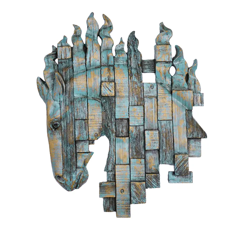 Dekorasi Dinding Kepala Kuda Ukiran Kayu Biru Resin, Dekorasi Dinding Barat, Blok Batu Bata Seperti Kayu Seni Dinding Pria