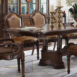 Sala da <span class=keywords><strong>pranzo</strong></span> <span class=keywords><strong>classica</strong></span> antica intagliata in legno di quercia in legno rettangolare tavolo da <span class=keywords><strong>pranzo</strong></span> 6 8 sedie da <span class=keywords><strong>pranzo</strong></span> intagliate in pelle marrone - Product Image 2