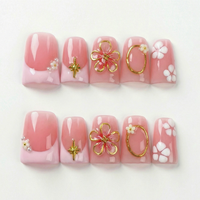 456-460 Faux ongles à presser faits main en forme de bec de canard, 10 pièces, réutilisables, en acrylique, pour enfants, motif carré artificiel