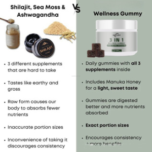 Caramelle Gommose <span class=keywords><strong>3</strong></span> in 1 per il Benessere con Shilajit, Muschio Marino e Ashwagandha più Miele di Manuka, 30 Porzioni per Bottiglia - Product Image 4