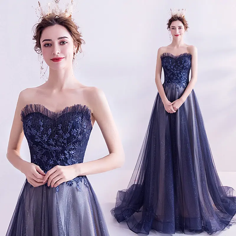 Elegante vestido de noche azul cielo estrellado, malla de encaje sin tirantes, largo brillante, para fiesta, boda