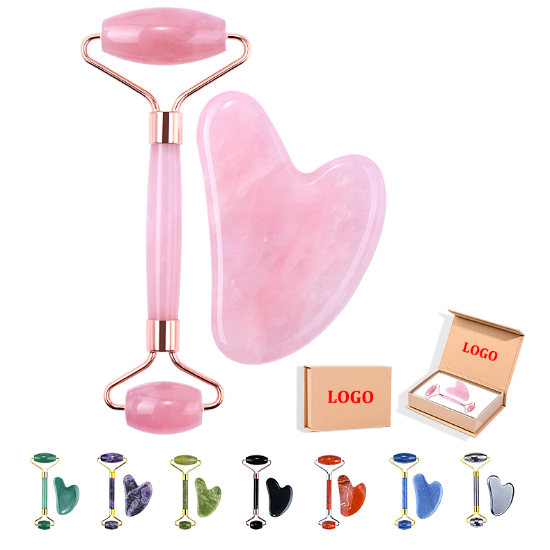 Natural Pink Crystal Stone Face Roller Guasha Massage Tool Custom Logo Facial Skin Care Rose Quartz Jade Roller Gua Sha Set