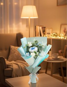 Bouquet de fleurs au crochet délicat fait main, tournesols tricotés, tulipes artificielles, roses, cadeaux d'anniversaire, décoration intérieure, bleu - Product Image 6