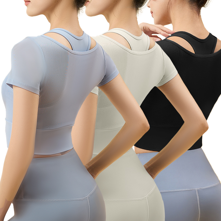 Custom Logo Lightweight Breathable Quick Dry 2 Pcs Yoga Top bar Sports Fitness T-shirt Short Sleeve for Running Yoga