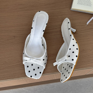 Sandali Estivi <span class=keywords><strong>Eleganti</strong></span> da <span class=keywords><strong>Donna</strong></span> con Punta Quadrata in Raso a Pois, Tacco Basso Sottile, <span class=keywords><strong>Scarpe</strong></span> Casual per Spiaggia e Feste - Product Image 1