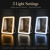 Miroir de maquillage de table blanc avec éclairage, 28 cm, rotation à 360°, miroir lumineux avec 3 modes de couleur, variateur d'intensité tactile