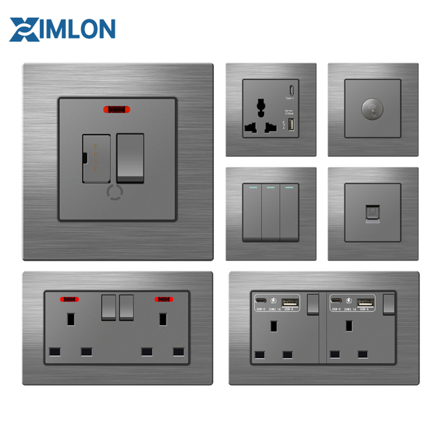 XIMLON Grey Aluminum Modern Luxury UK  Wall Switches High Quality Best Selling 1/2/3/4 Gang Power Wall Switches Sockets