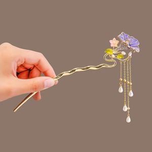 Épingle à cheveux en métal ornée de fleurs en strass et de pompons de perles pour femmes chinoises, accessoire de coiffure de mariée, fourche à cheveux, outil de coiffage de mariage - Product Image 3