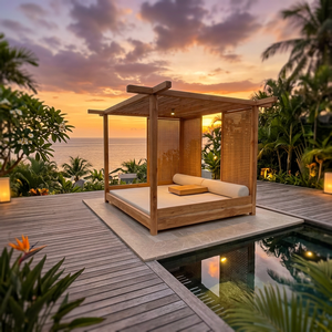 Pergola d'extérieur de luxe en teck massif avec panneaux latéraux en rotin, auvent, lit de repos au bord de la piscine, mobilier de patio pour villas et complexes hôteliers, Indonésie - Product Image 3