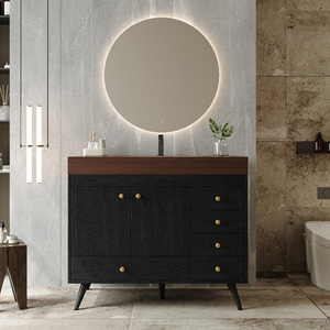 Meuble-lavabo de salle de bain de luxe autoportant de 36 pouces avec dessus en faux marbre, lavabo en céramique, 5 tiroirs et pieds en acier inoxydable pour hôtel et salle de sport - Product Image 1