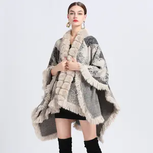 2022 Luxury Winter Ladies Jacquard Faux rabbit Fur Collar Cape Wraps Stoles Knitted Oversized Poncho Cape Shawl