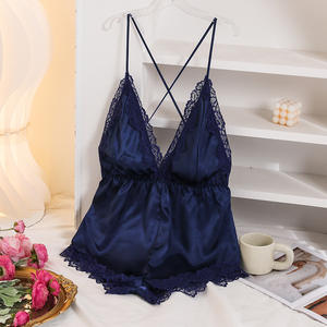 Dames satijnen teddy lingerie pyjamaset met strik voor, kantversiering, diepe V-hals, rugloze, mouwloze romper, nachtkleding, OEM merk model 3 - Product Image 6