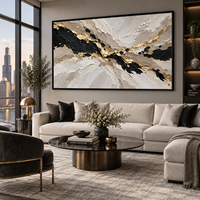 Toile abstraite texturée 3D en or noir et ivoire, art mural horizontal de luxe pour la décoration de salon d'hôtel, bureau