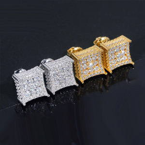 Pendientes de Tornillo Cuadrados con Diamantes Completos, Estilo Geométrico Unisex Hip Hop, para Uso Diario, Oro Blanco, ED-350 - Product Image 1