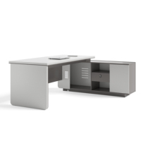 Bureau de direction moderne avec plateau blanc, armoire latérale, chaise en cuir et bibliothèque pour PDG, directeur, mobilier de bureau commercial