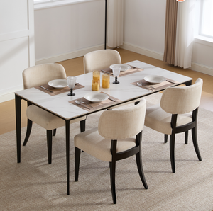 [Stock US] <span class=keywords><strong>Chaise</strong></span> de salle à manger moderne et minimaliste, rembourrée en <span class=keywords><strong>tissu</strong></span> de lin <span class=keywords><strong>beige</strong></span>, avec pieds en bois de caoutchouc et revêtement <span class=keywords><strong>noir</strong></span> - Product Image 3
