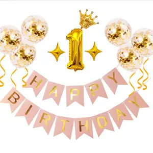 第一个第二个生日派对粉色蓝色生日快乐横幅和数字0-9箔气球五彩纸屑气球丝带壁式壁炉装饰