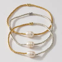 Gelang Manik Minimalis Go2boho dengan Mutiara Air Tawar Alami, Gelang Elastis Bertumpuk, Emas atau Perak, untuk Dipakai Sehari-hari