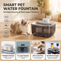 Fontaine à eau pour chat portable 4L en acier inoxydable solide, stérilisateur UV-C, batterie rechargeable sans fil, distributeur automatique pour animaux de compagnie