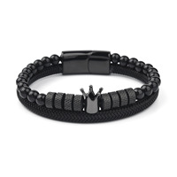 Bracelet en cuir tressé noir avec perles couronne en acier inoxydable pour homme, fermoir magnétique, idéal comme cadeau