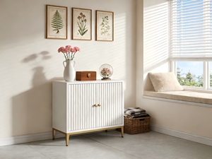 Moderner Eleganter Weißer Holz-Aufbewahrungsschrank mit 2 Geriffelten Türen für Wohnzimmer Eingang Esszimmer Schlafzimmer Villen Hotel Apartment - Product Image 1
