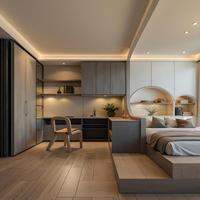Lit plateforme multifonctionnel haute capacité avec rangement tatami et armoire intégrée, en bois massif, mobilier de chambre personnalisé pour un intérieur moderne
